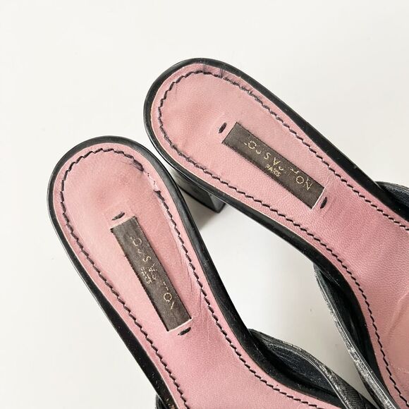 Vintage Y2K Louis Vuitton Monogram Logo Print Block Heel Mules Bow Slides Size 6 - Picture 6 of 11